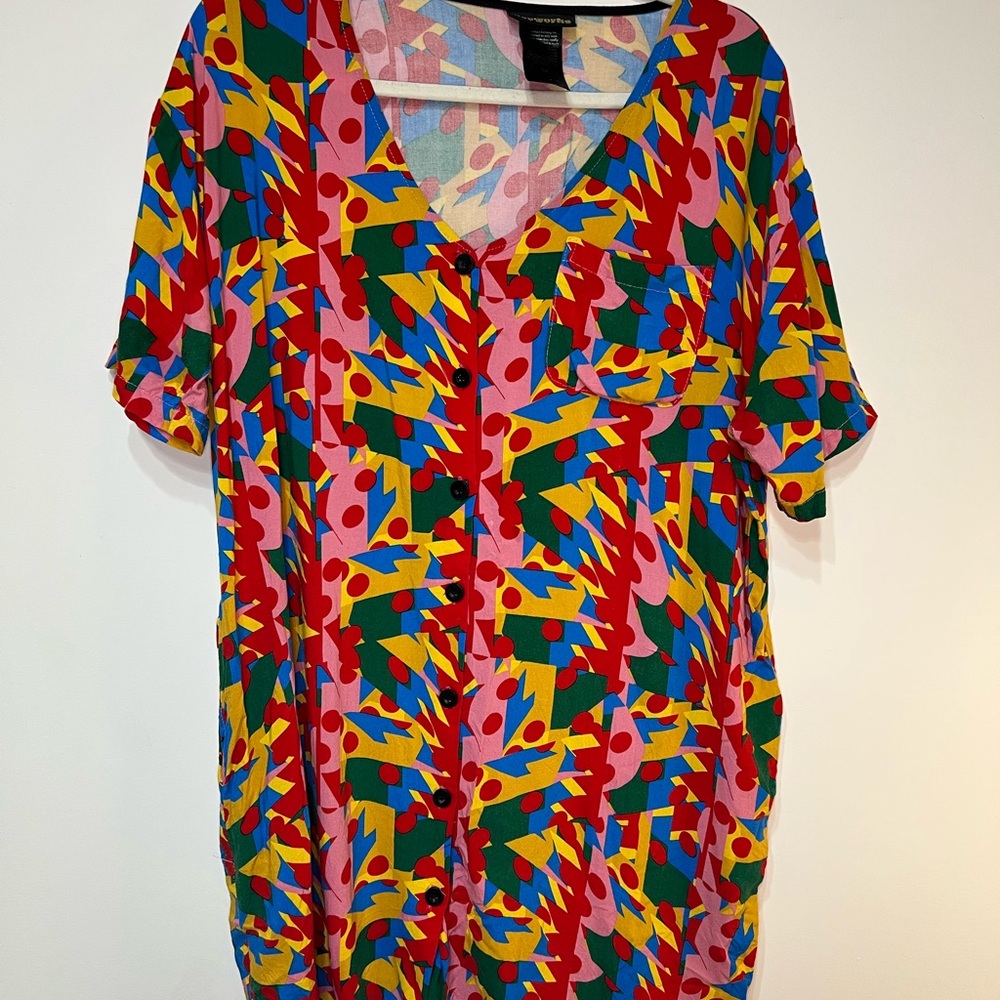 NOOWORKS - Multicolor Abstract Button-Down V-Neck Tunic Dress